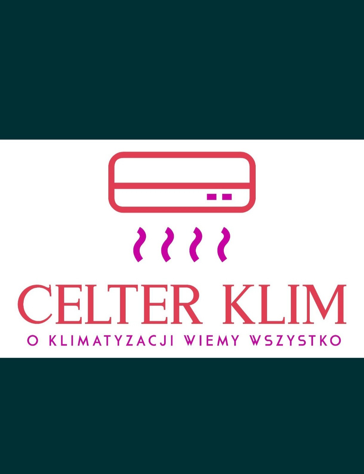 Logo Celter Klim z ikoną klimatyzacji i hasłem 'O klimatyzacji wiemy wszystko' w kolorach różu i fioletu na białym tle.