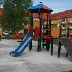 Kolorowy plac zabaw z wieżą, zjeżdżalnią i ścianką wspinaczkową na tle apartamentowca z balkonami.