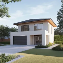 Nowoczesny, dwukondygnacyjny dom z garażem i płaskim dachem, otoczony zielenią. Minimalistyczna bryła, duże okna, jasna elewacja, zadbany trawnik i roślinność.