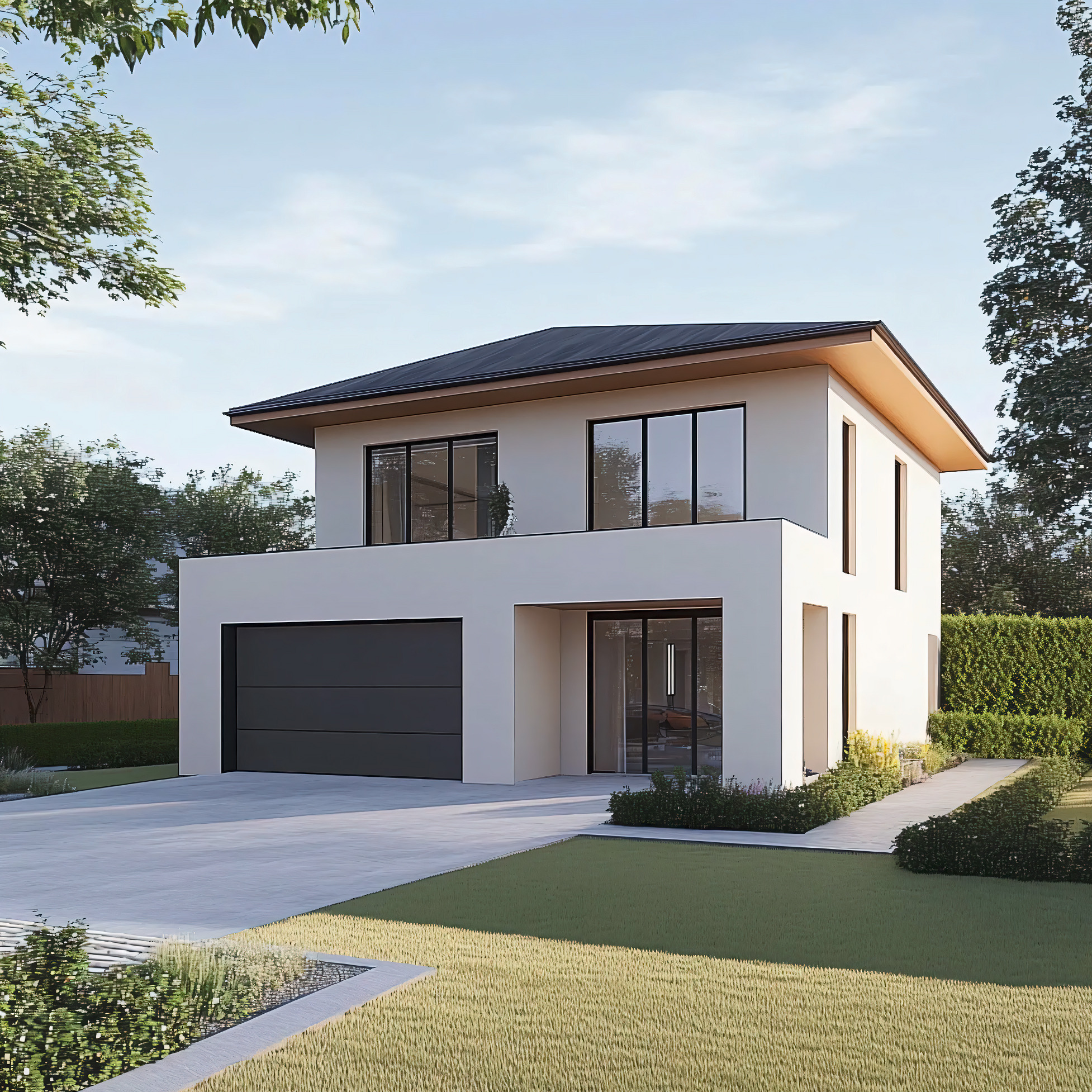 Nowoczesny, dwukondygnacyjny dom z garażem i płaskim dachem, otoczony zielenią. Minimalistyczna bryła, duże okna, jasna elewacja, zadbany trawnik i roślinność.