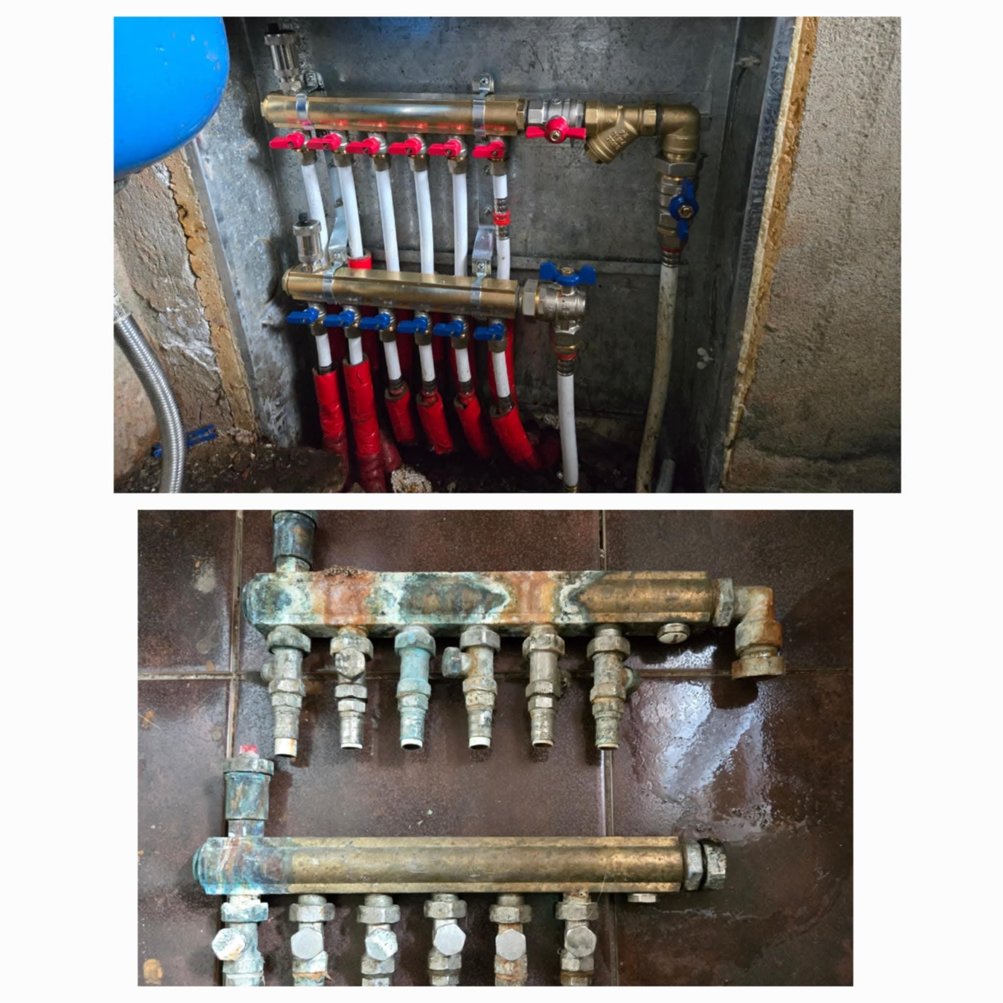 Porównanie: Nowa instalacja ogrzewania podłogowego z czerwonymi i niebieskimi zaworami vs. stara, zardzewiała instalacja na brązowych płytkach. Widoczny zbiornik wyrównawczy.