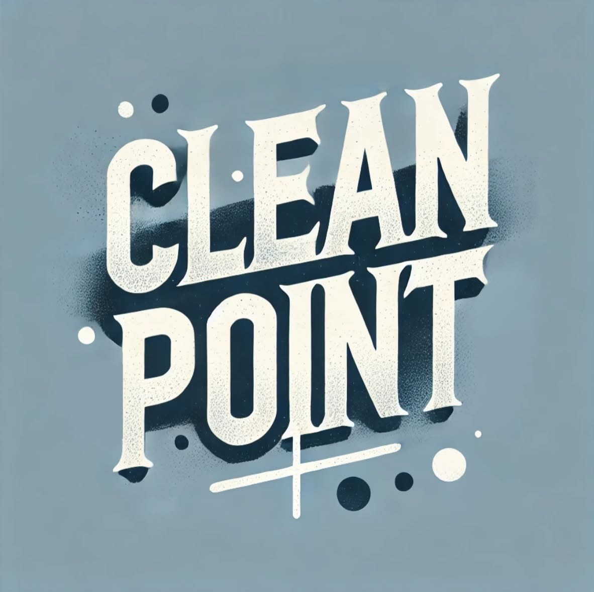 Graficzne hasło 'CLEAN POINT' w bieli na szaroniebieskim tle, z efektem cienia i dodatkowymi kropkami, sugerujące usługi sprzątania.