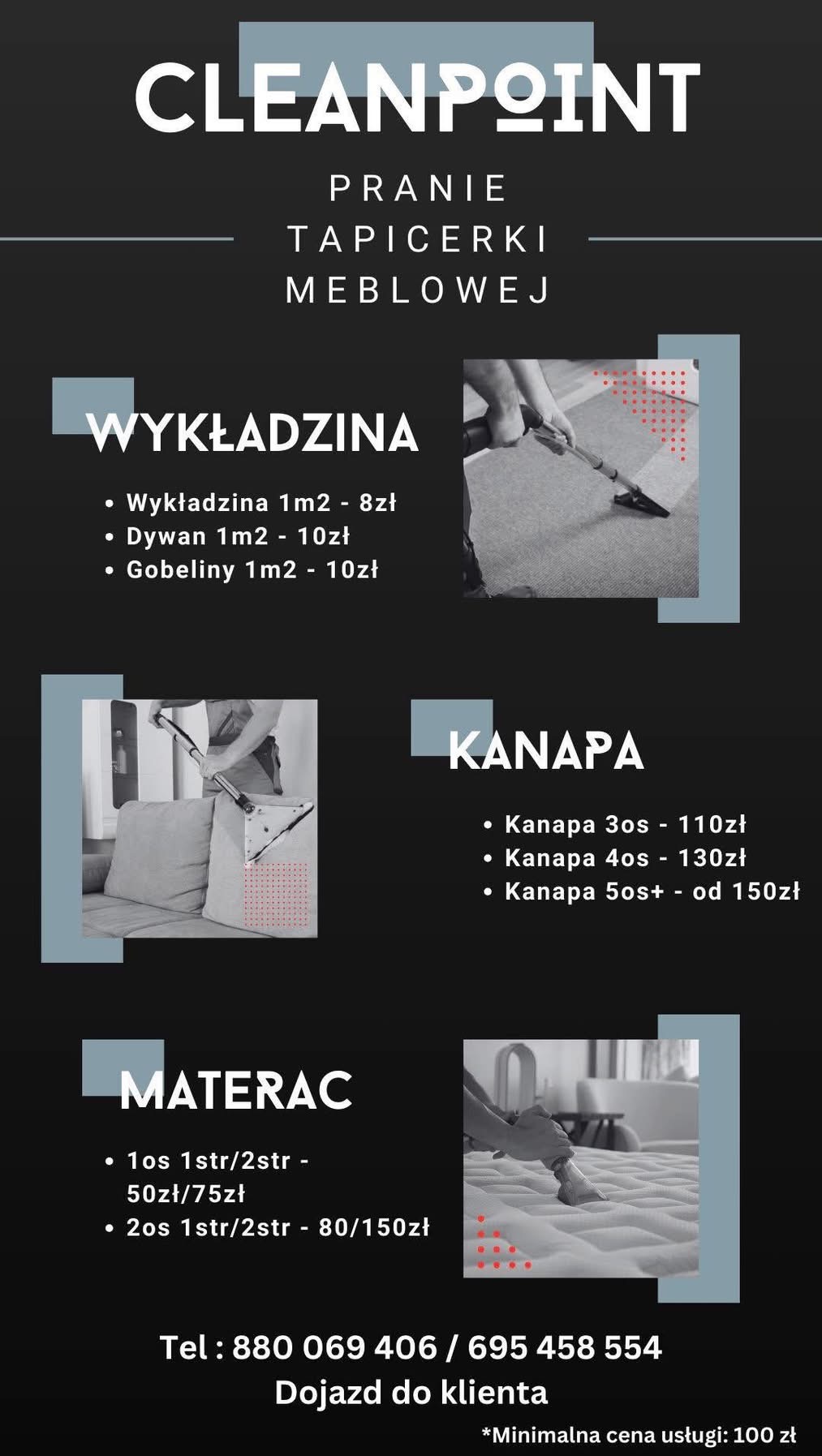 Grafika z ofertą prania tapicerki meblowej: wykładzin, dywanów, kanap i materacy. Podane ceny za poszczególne usługi. Kontakt telefoniczny i dojazd do klienta.