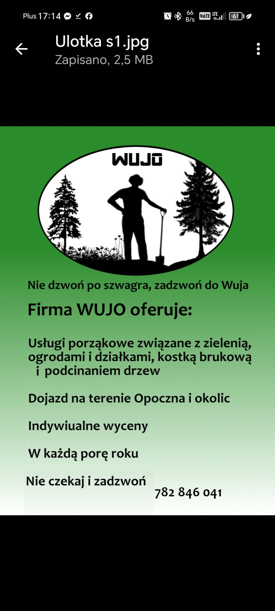 Grafika reklamowa firmy WUJO: usługi porządkowe, zieleń, ogrody, kostka brukowa, podcinanie drzew. Sylwetka mężczyzny z łopatą na tle drzew i numer telefonu.