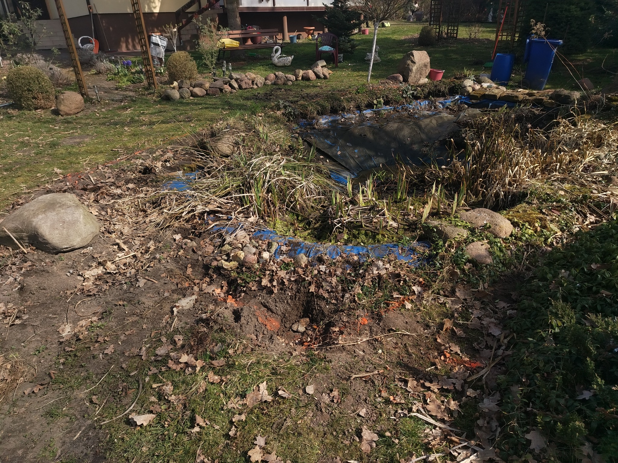 Przygotowanie do renowacji oczka wodnego w ogrodzie: czyszczenie brzegów, wykopane dołki, widoczne kamienie i folia. Elementy dekoracyjne w tle.