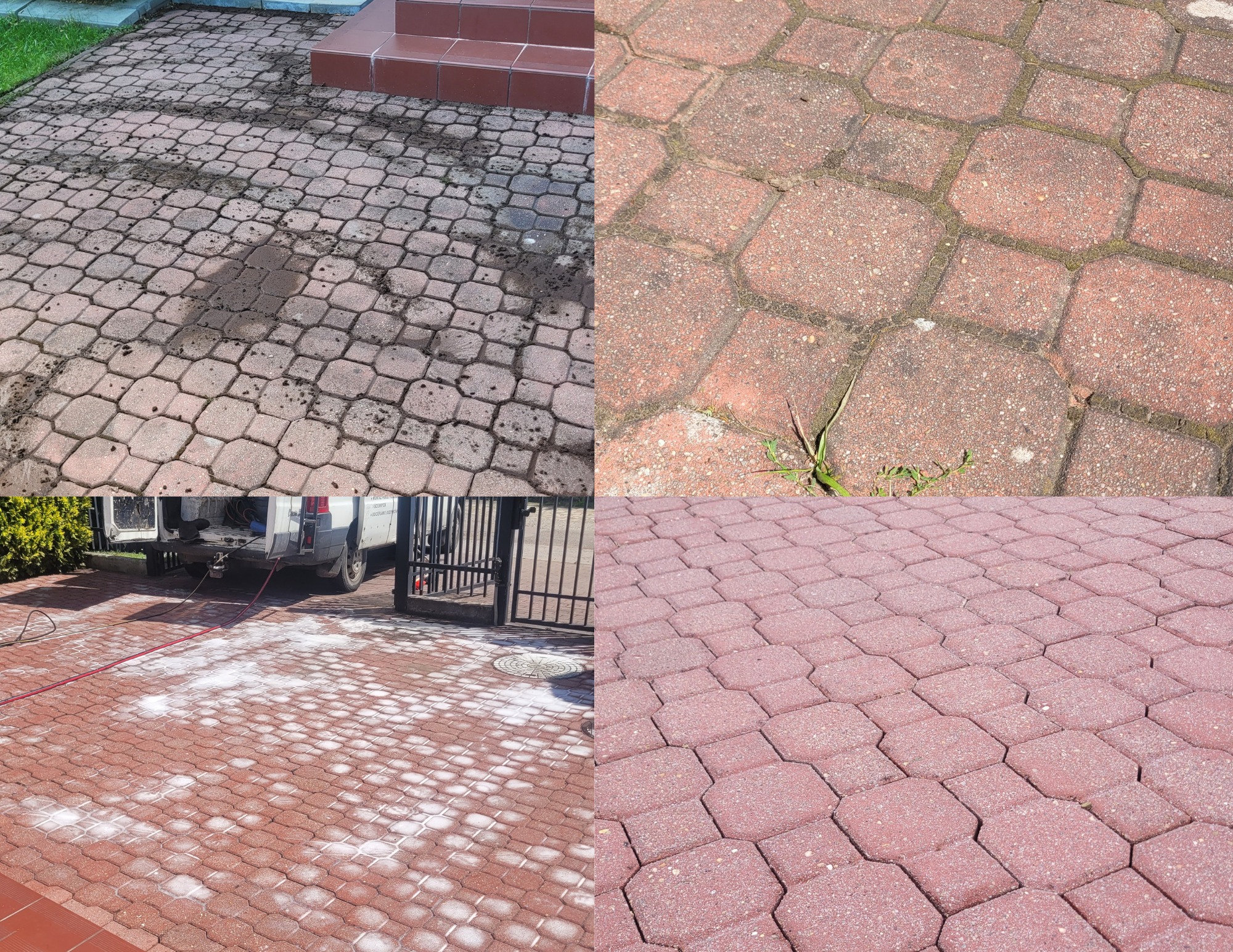 Czteroczęściowy kolaż: kostka brukowa przed i po czyszczeniu. Widoczne różnice w kolorze i czystości, z detalami mchu i zabrudzeń przed, a czystą powierzchnią po.