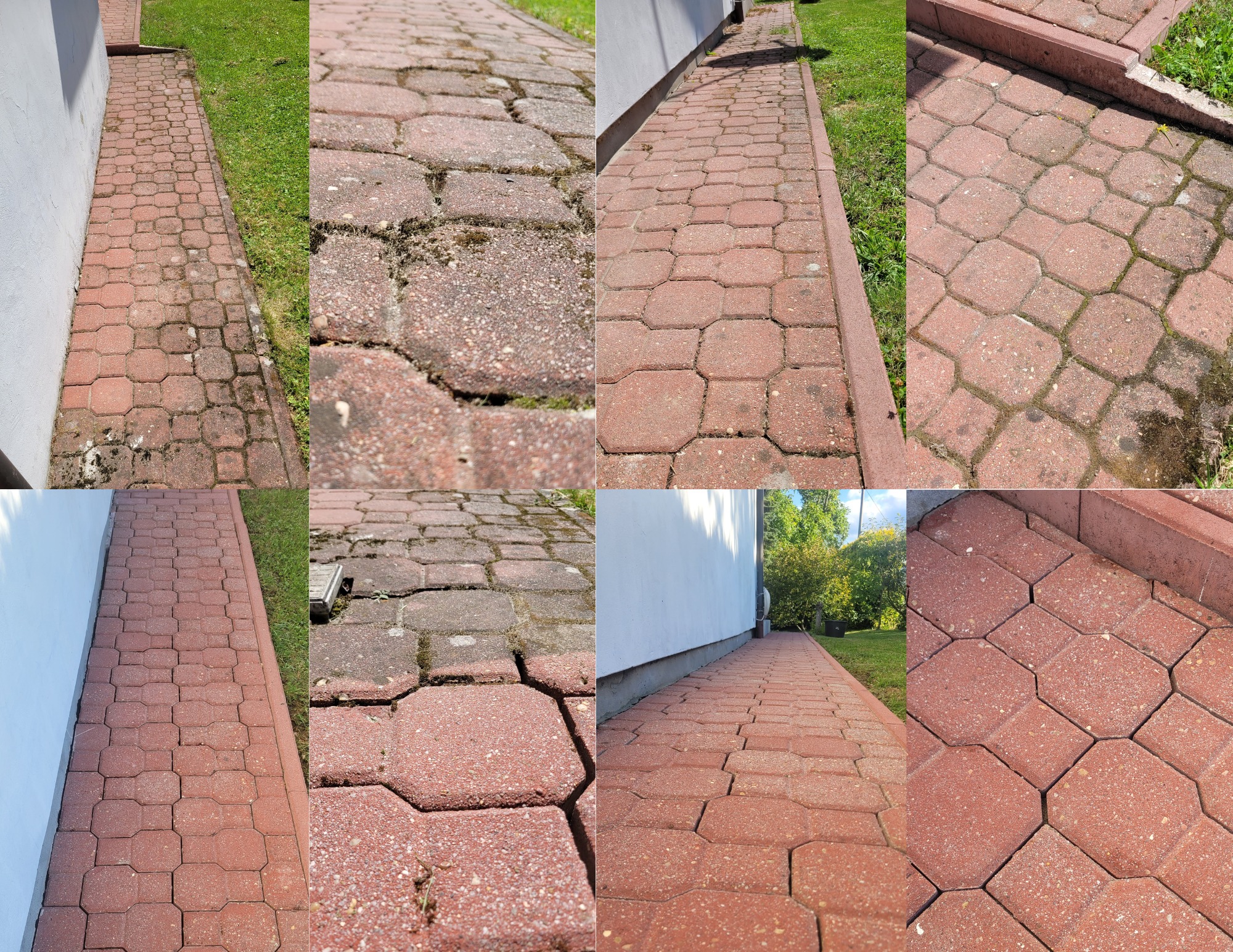 Mozaika zdjęć kostki brukowej: część wyczyszczona, część z mchem i zabrudzeniami. Widoczne różnice w kolorze i czystości kostki. Fragment trawnika i ściany budynku.