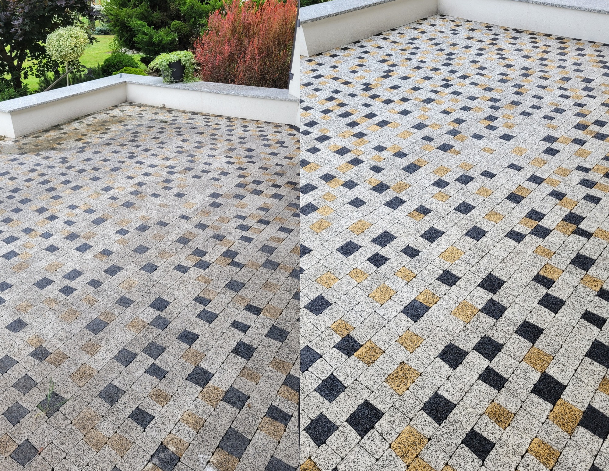 Zdjęcie kostki brukowej po częściowym umyciu, ukazujące różnicę w kolorze i czystości, z widocznym tłem zieleni.