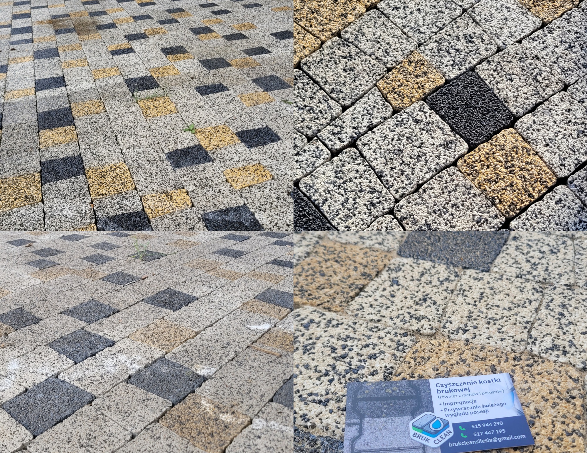 Wielobarwna kostka brukowa po czyszczeniu, z wizytówką firmy oferującej impregnację i czyszczenie, ukazująca efekt odświeżonego wyglądu posesji.