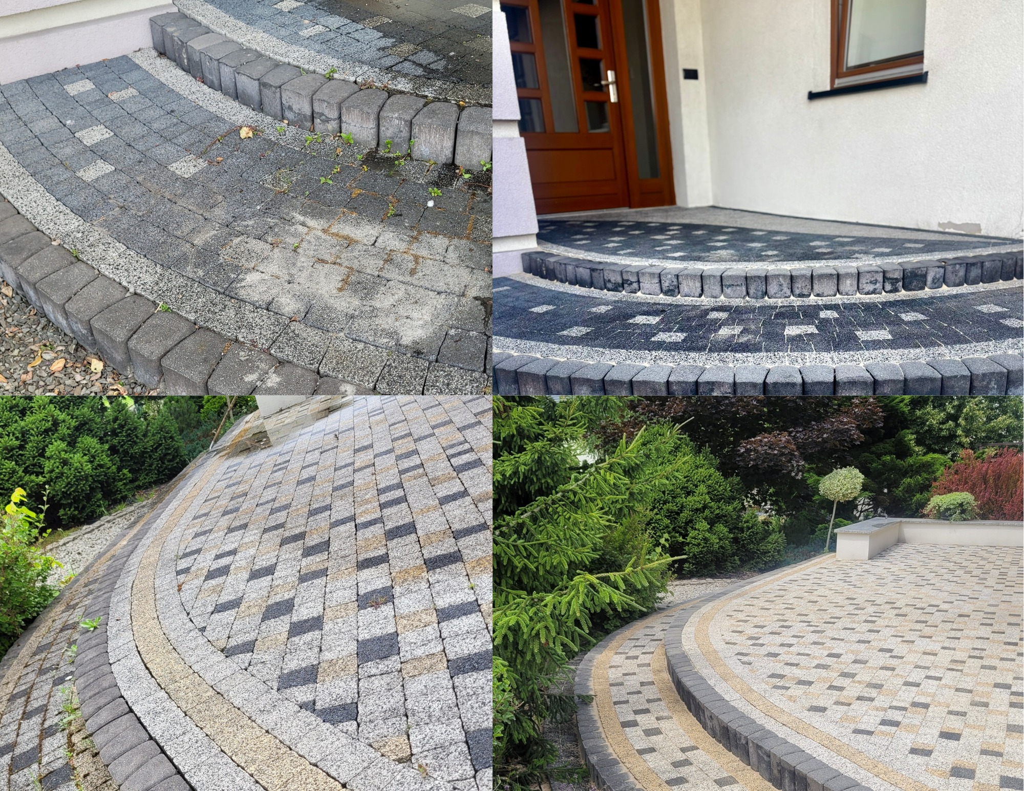 Zdjęcie kostki brukowej przed i po czyszczeniu, ukazujące różnicę w wyglądzie. Schody wejściowe i ścieżka w ogrodzie po zabiegu odzyskały pierwotny, estetyczny wygląd.