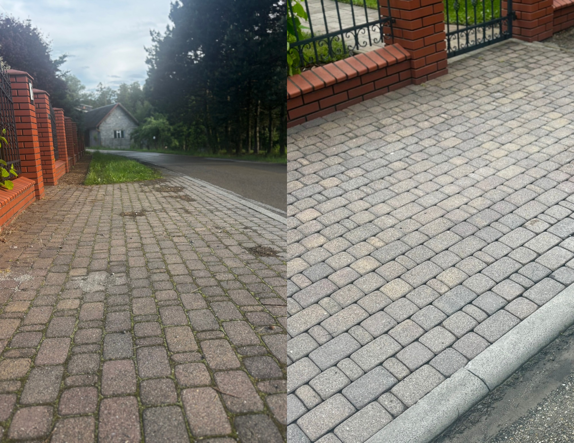 Zdjęcie kostki brukowej przed i po czyszczeniu, z widoczną różnicą w kolorze i usunięciu zabrudzeń. Fragment posesji z ceglanym ogrodzeniem w tle.