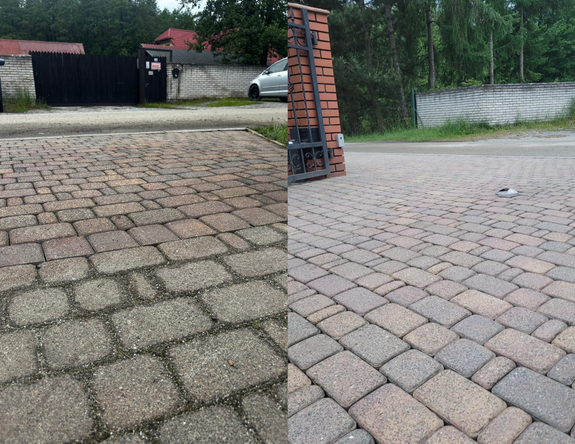 Kostka brukowa: po lewej brudna, po prawej wyczyszczona. Widoczna brama wjazdowa, mur i zieleń w tle. Efekt przed i po czyszczeniu.