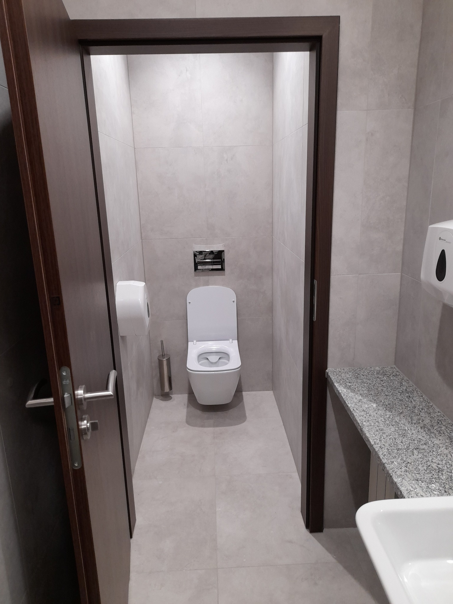 Wnętrze łazienki z otwartymi drzwiami, ukazujące toaletę, umywalkę i szarą armaturę. Widoczne płytki na ścianach i podłodze. Nowoczesny design.