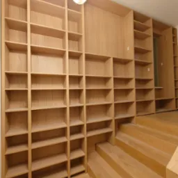 Drewniana zabudowa biblioteczna z półkami, zintegrowana ze schodami. Ciepłe oświetlenie i naturalny kolor drewna. Widok na dużą, otwartą przestrzeń.