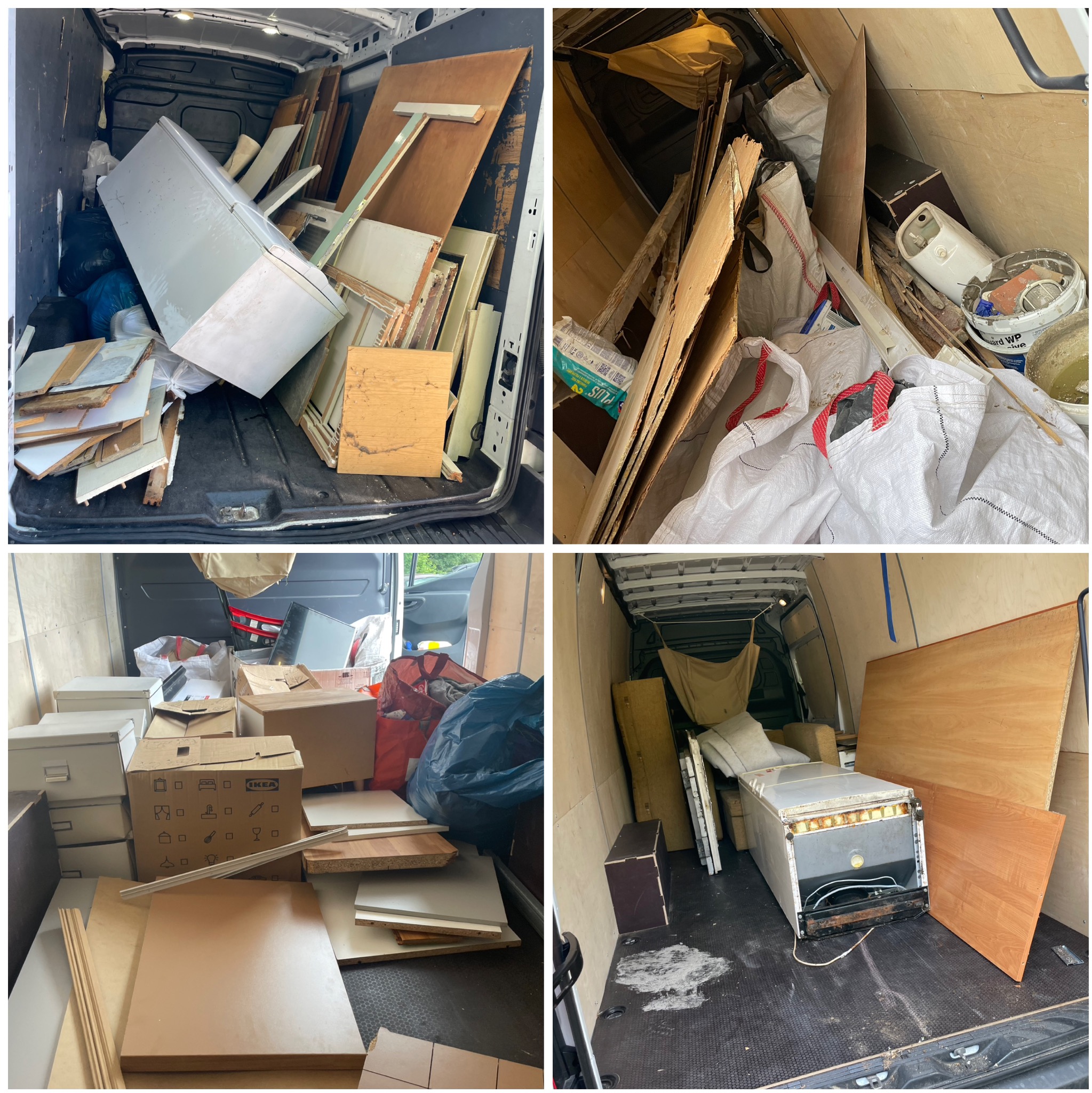 Wnętrze busa załadowane meblami, kartonami i sprzętem AGD. Widoczne elementy wyposażenia wnętrz, gotowe do transportu. Chaos w przestrzeni ładunkowej.