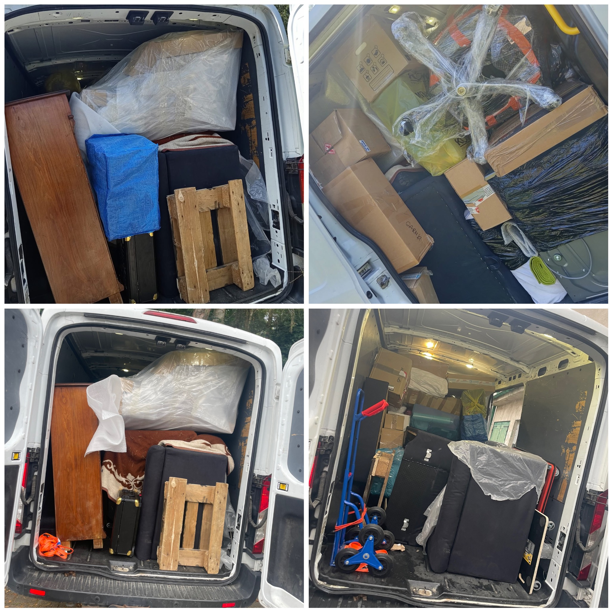 Wnętrze białego busa załadowane meblami, kartonami i sprzętami, przygotowanymi do transportu. Widoczny wózek transportowy.