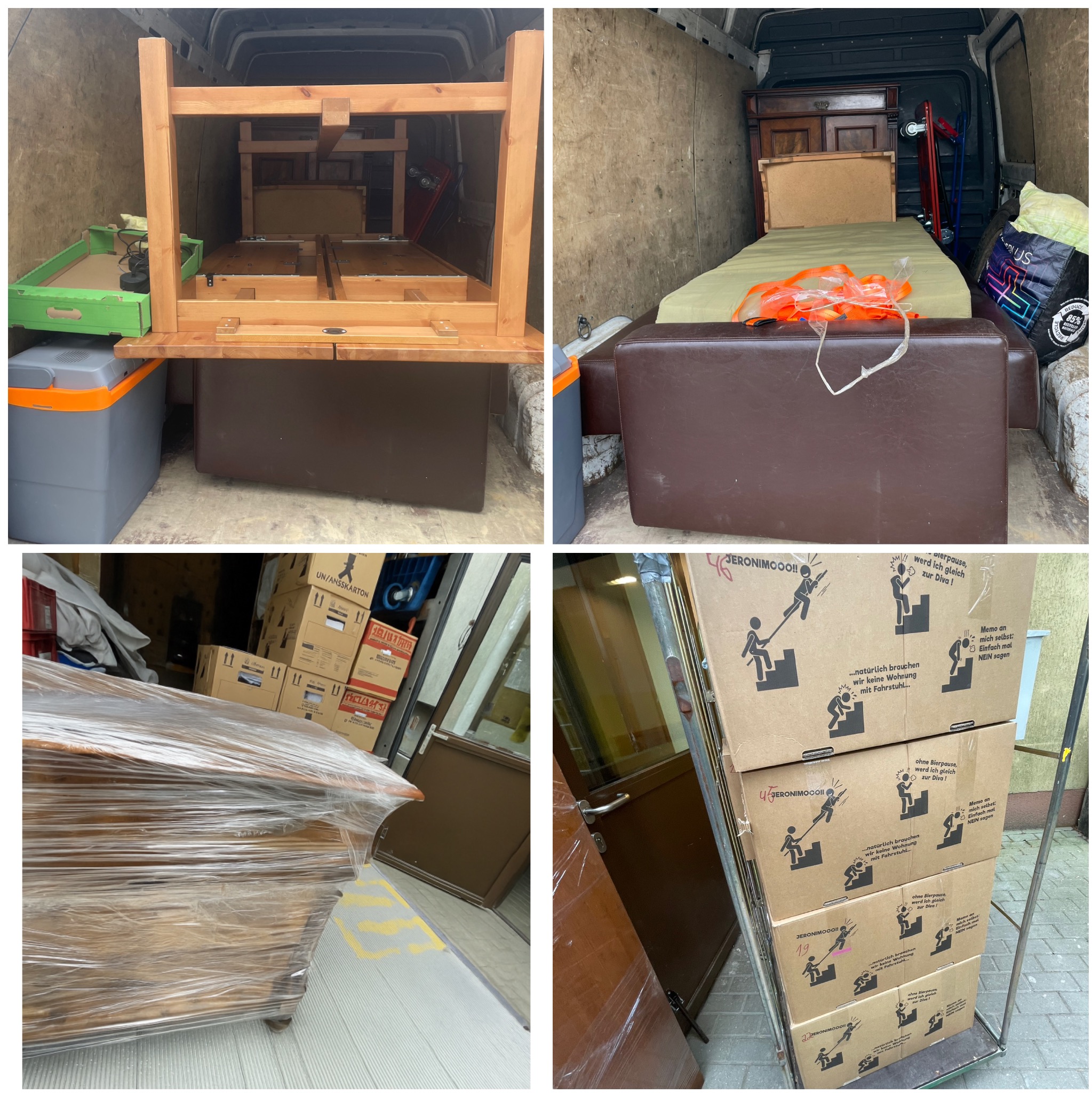 Meble i kartony w furgonetce transportowej, przygotowane do przeprowadzki. Widoczne elementy wyposażenia domu i pudełka z nadrukami.