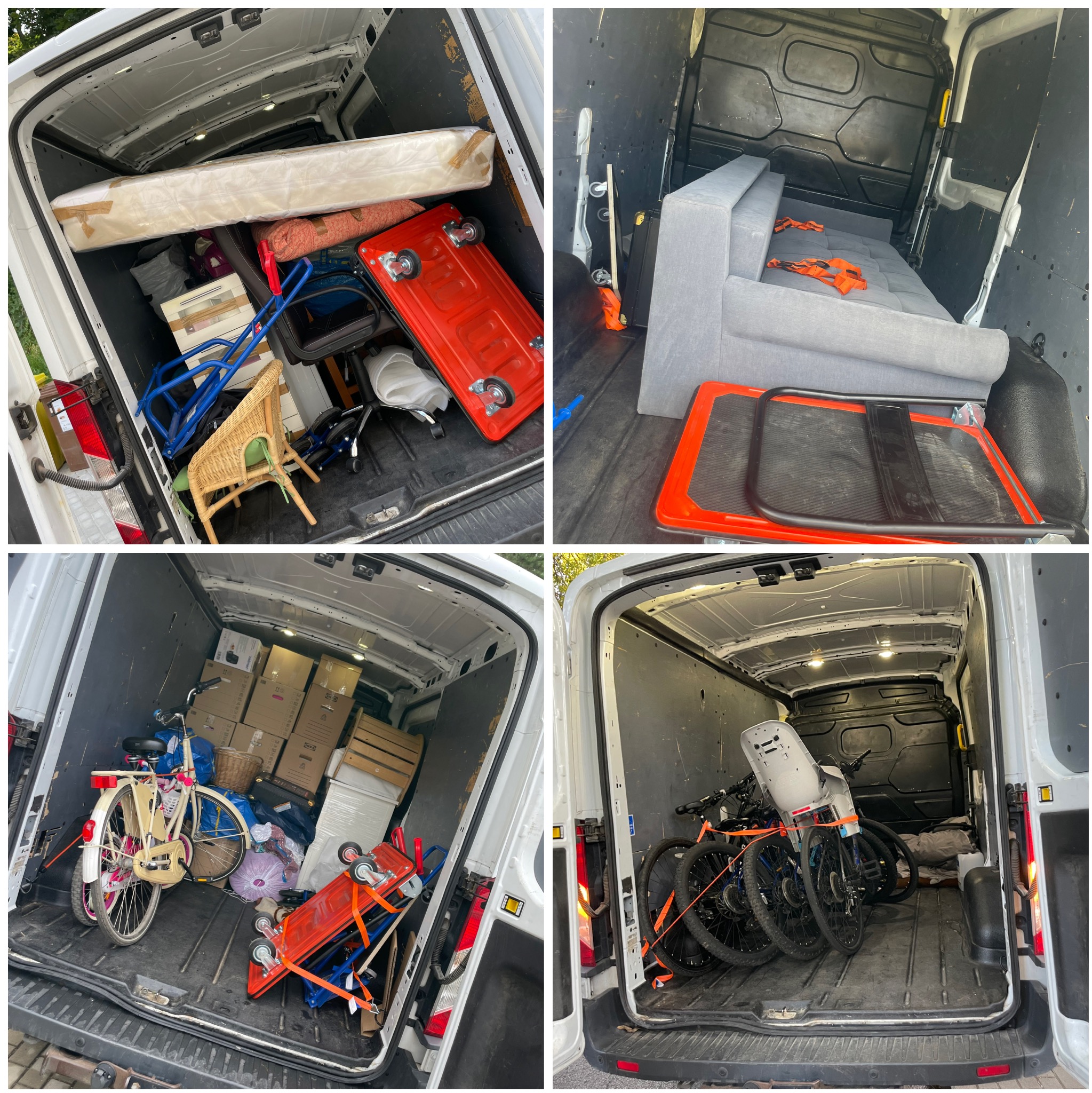 Wnętrze busa załadowane meblami, kartonami i rowerami, przygotowane do transportu. Widoczne zabezpieczenia ładunku, takie jak pasy transportowe.