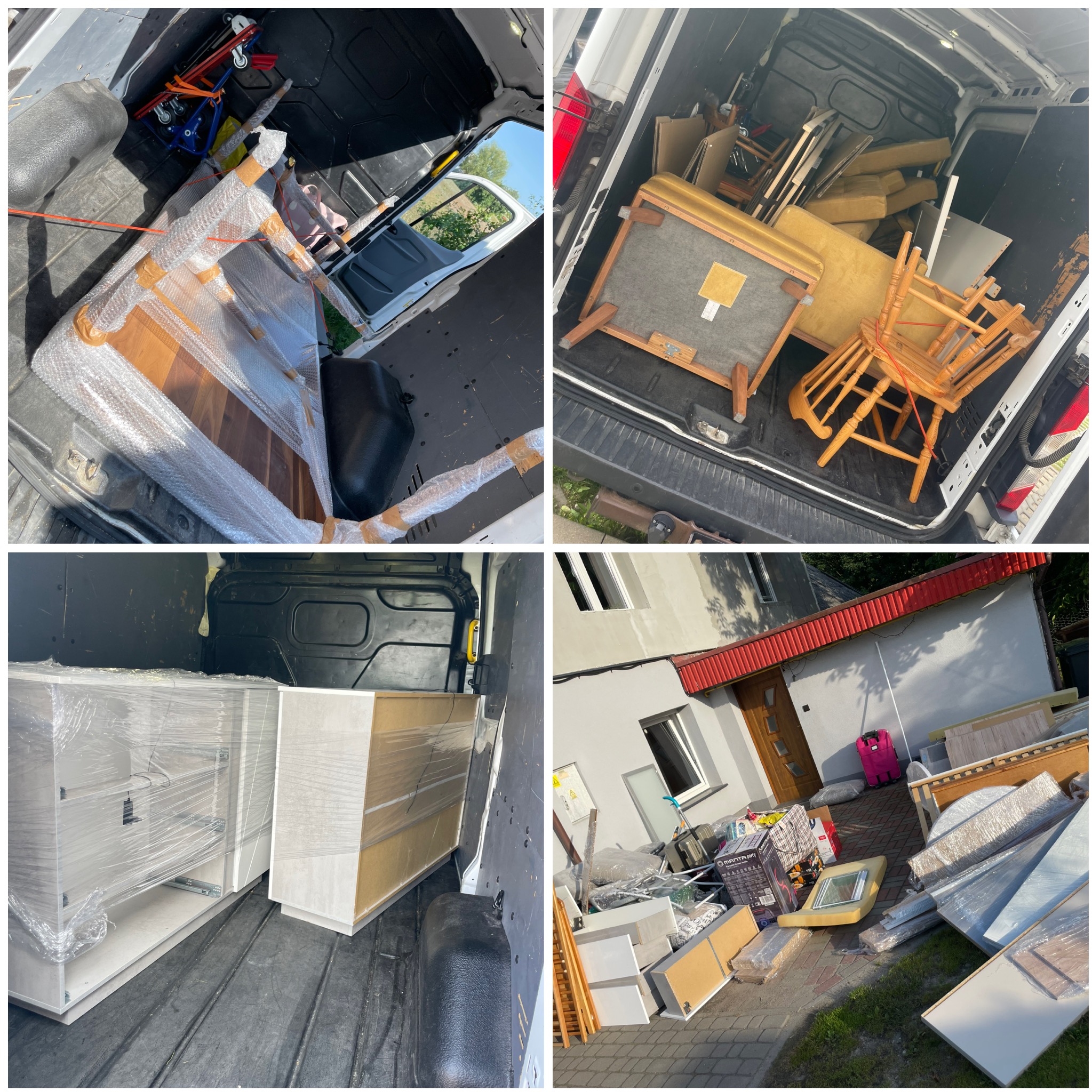 Meble i przedmioty zabezpieczone folią bąbelkową i taśmą wewnątrz busa, oraz przed budynkiem. Widoczne krzesła, szafki i inne elementy wyposażenia.