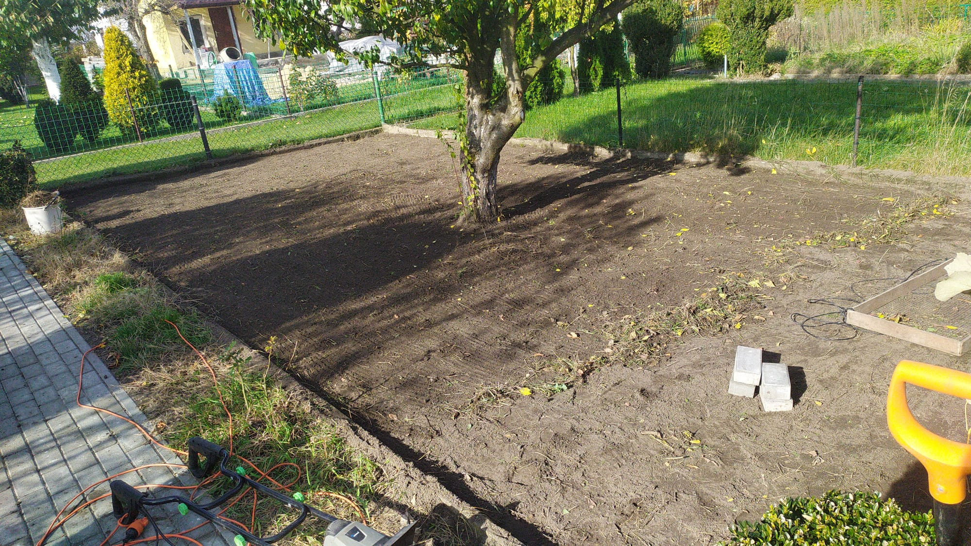 Przygotowany teren pod trawnik z widocznym drzewem, narzędziami ogrodniczymi i kostką brukową. Ziemia wyrównana, gotowa do siewu lub ułożenia trawy z rolki.