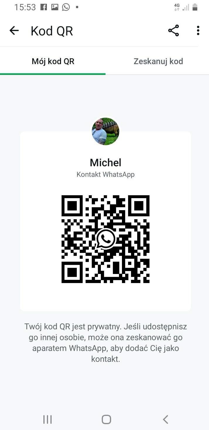 Kod QR do kontaktu WhatsApp z profilem 'Michel', wyświetlony na ekranie smartfona. Tekst informuje o prywatności kodu i możliwości dodania do kontaktów.