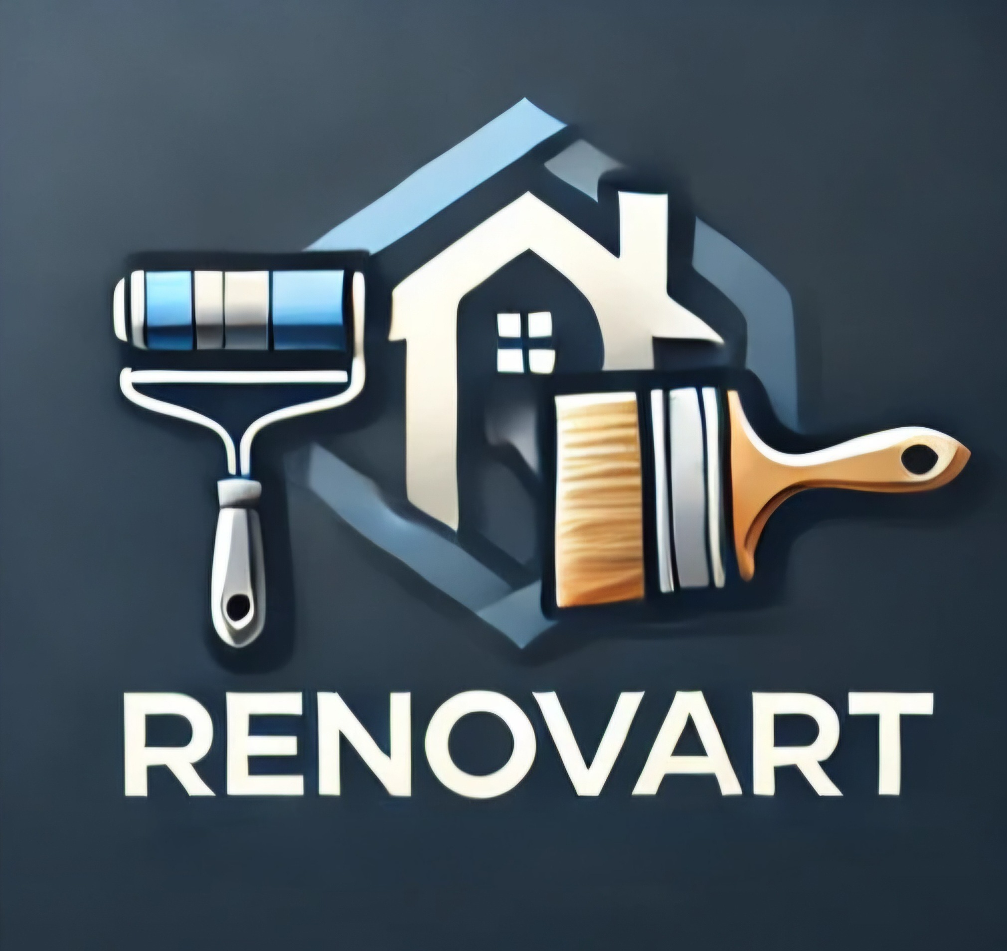 Logo firmy remontowej z Głogowa: pędzel, wałek i ikona domu na ciemnym tle. Nazwa firmy: RENOVART. Grafika sugeruje usługi malarskie i wykończeniowe.