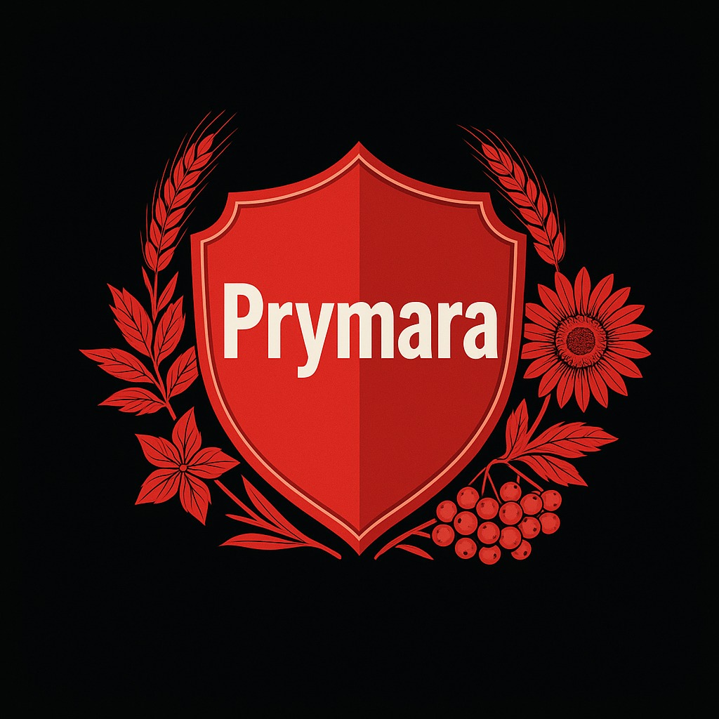 Czerwona tarcza z nazwą 'Prymara' otoczona stylizowanymi roślinami na czarnym tle. Grafika w odcieniach czerwieni i bieli, imitująca tradycyjny herb.