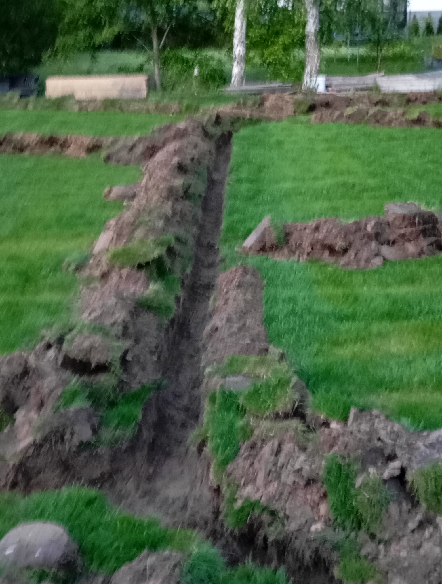 Wykopany rów na trawniku pod system nawadniania. Widoczne fragmenty wykopanej ziemi, trawa oraz drzewa w tle. Etap prac ziemnych przed instalacją systemu.