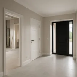 Jasne wnętrze z dwiema parami drzwi: białe drzwi wewnętrzne i czarne zewnętrzne. W tle widoczne narzędzia i fragment wykończonej łazienki. Minimalistyczny styl.