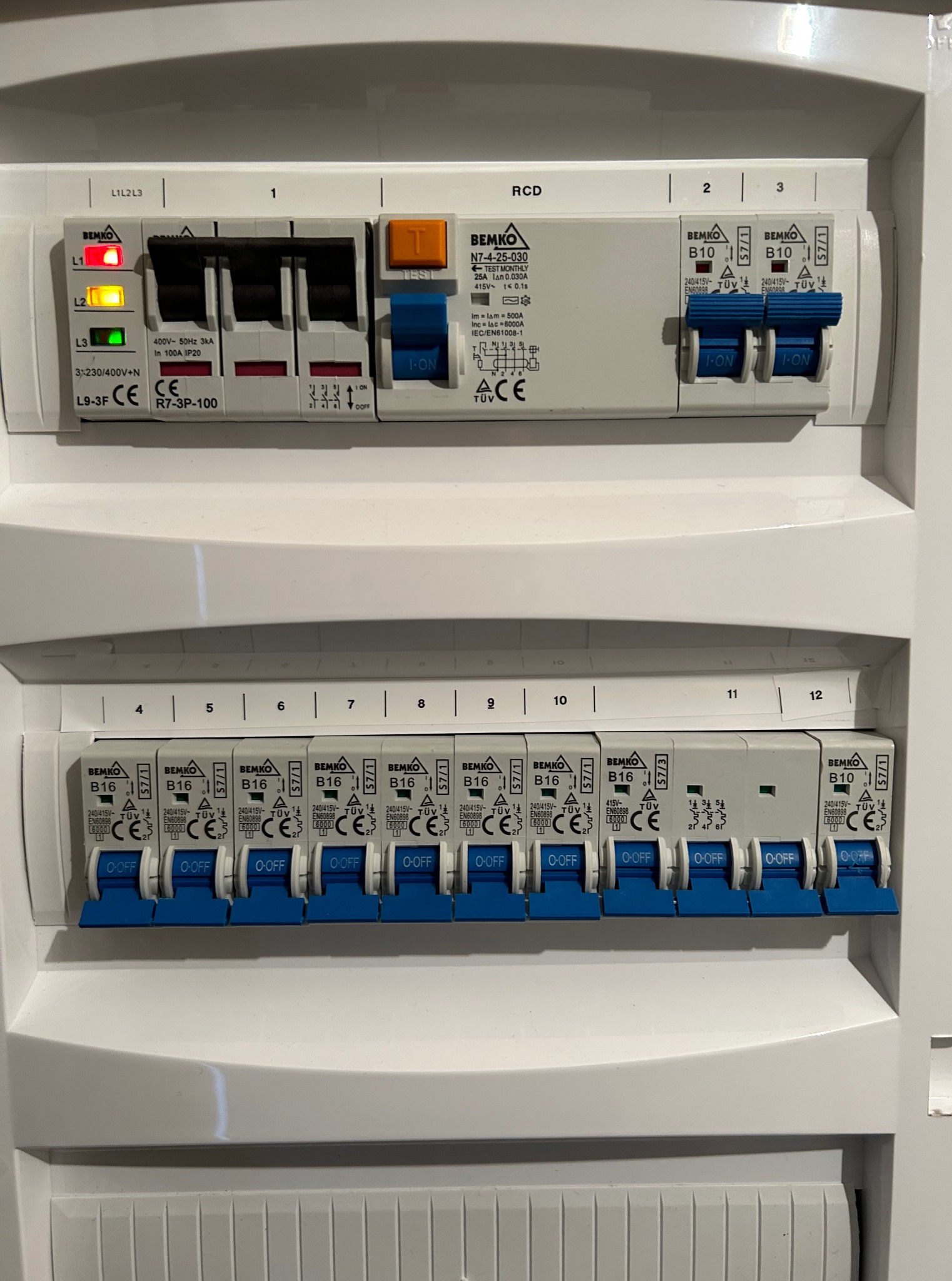 Rozdzielnica elektryczna z bezpiecznikami Bemko, widoczne oznaczenia L1, L2, L3, RCD, B10 i B16. Niektóre bezpieczniki są w pozycji ON, inne w pozycji OFF.