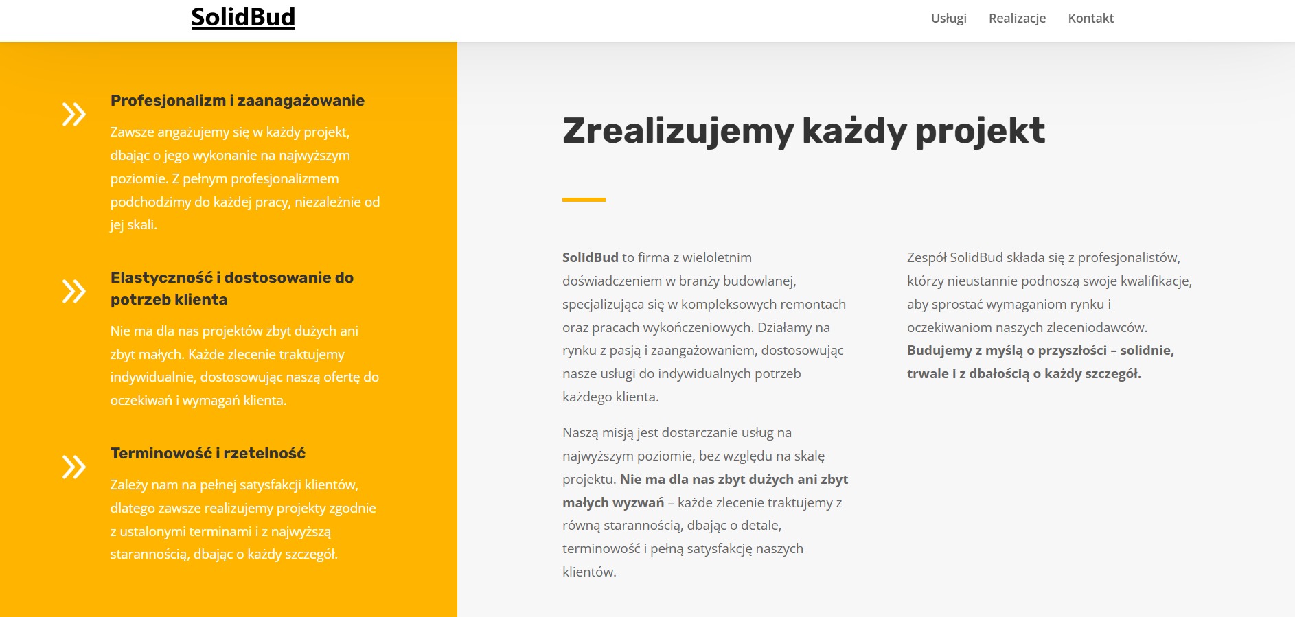 Strona internetowa firmy SolidBud z ofertą: profesjonalizm, elastyczność, terminowość. Hasło: Zrealizujemy każdy projekt. Prezentacja firmy budowlanej.