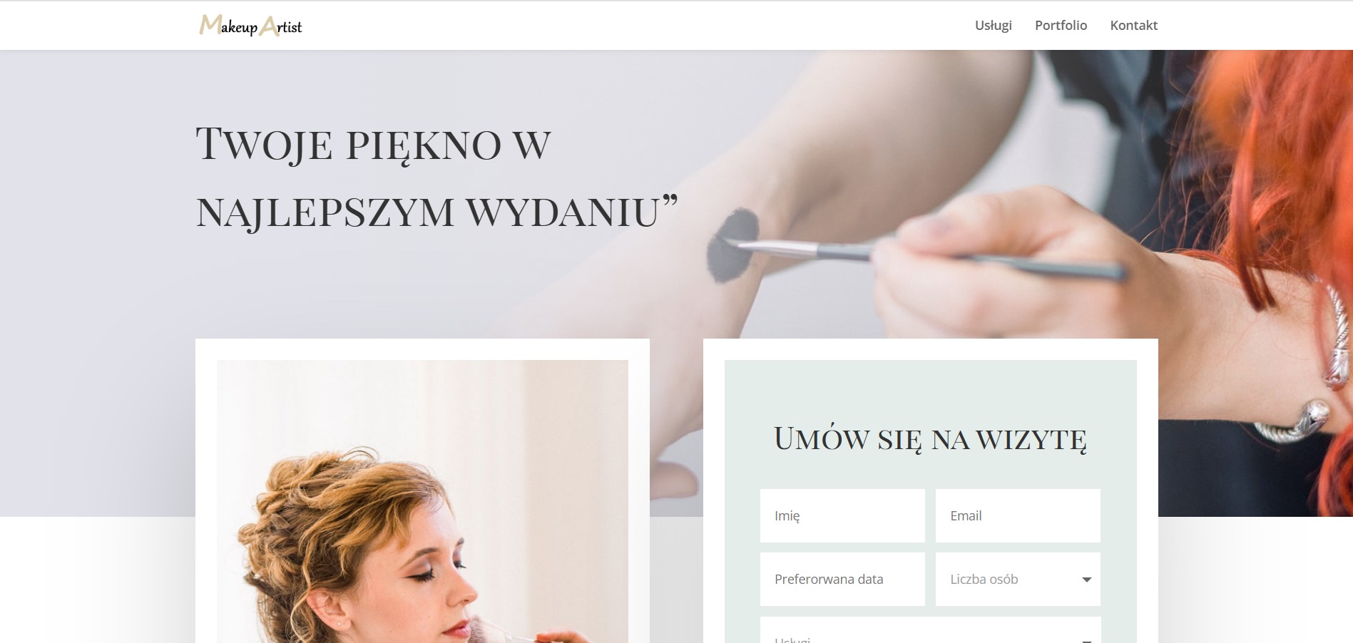 Strona internetowa makijażystki z formularzem rezerwacji wizyty, hasłem „Twoje piękno w najlepszym wydaniu” i zdjęciami z sesji makijażu.