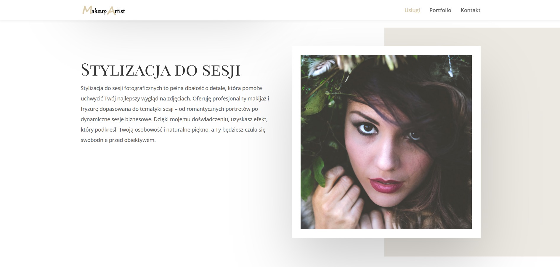 Strona internetowa w odcieniach beżu prezentująca ofertę stylizacji do sesji zdjęciowych z portretem kobiety w naturalnej scenerii.