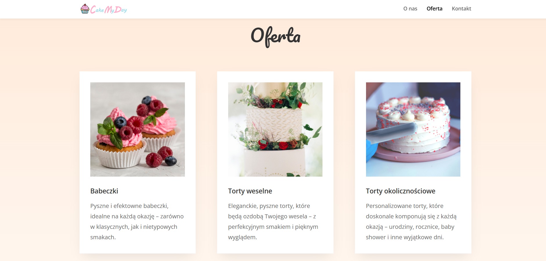 Strona internetowa z ofertą cukierni: babeczki z owocami, tort weselny i tort okolicznościowy. Minimalistyczny design strony.