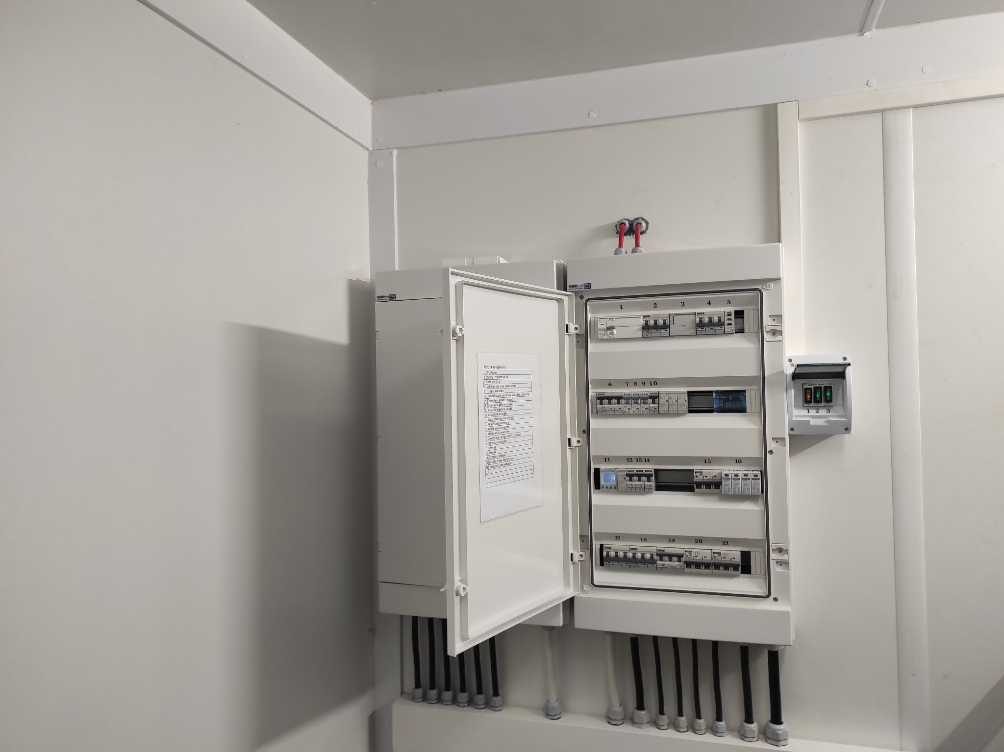 Biała, otwarta skrzynka elektryczna z bezpiecznikami i przewodami w białym pomieszczeniu, widoczna kartka z opisem. Instalacja po montażu.