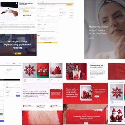 Kamil Piecuch - Zestawienie zrzutów ekranu różnych stron internetowych, prezentujących meble biurowe, rowery, kosmetyki i świąteczne dekoracje, z różnorodną stylistyką i układem.