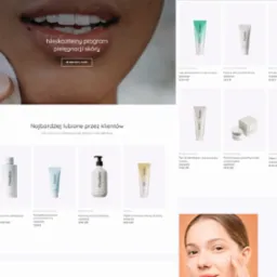 Strona internetowa marki kosmetycznej z ofertą produktów do pielęgnacji skóry, prezentująca modelkę i szczegóły oferty. Minimalistyczny design, jasna kolorystyka.
