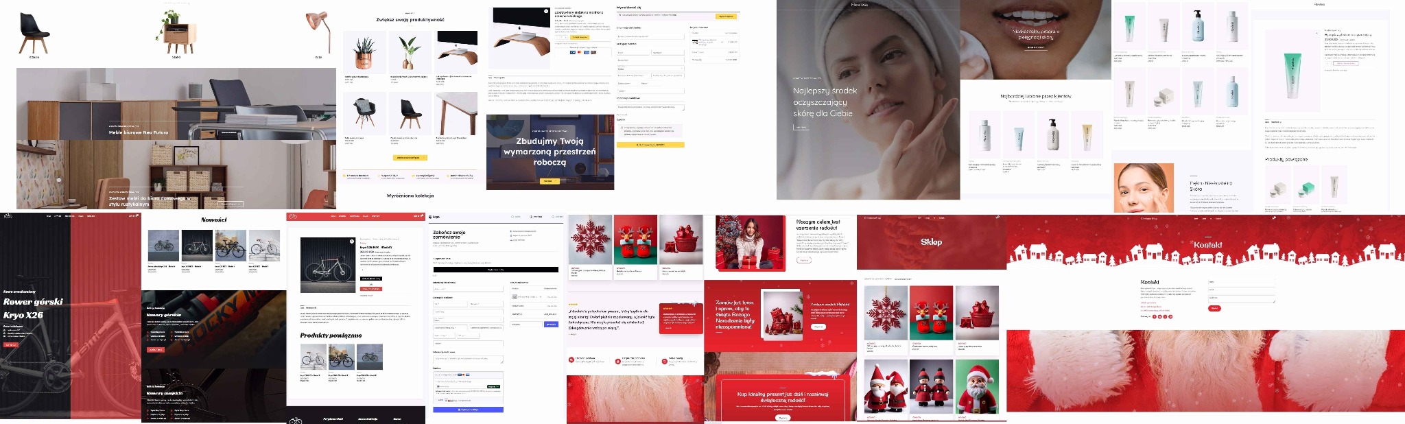 Zestawienie zrzutów ekranu różnych stron internetowych, prezentujących meble biurowe, rowery, kosmetyki i świąteczne dekoracje, z różnorodną stylistyką i układem.
