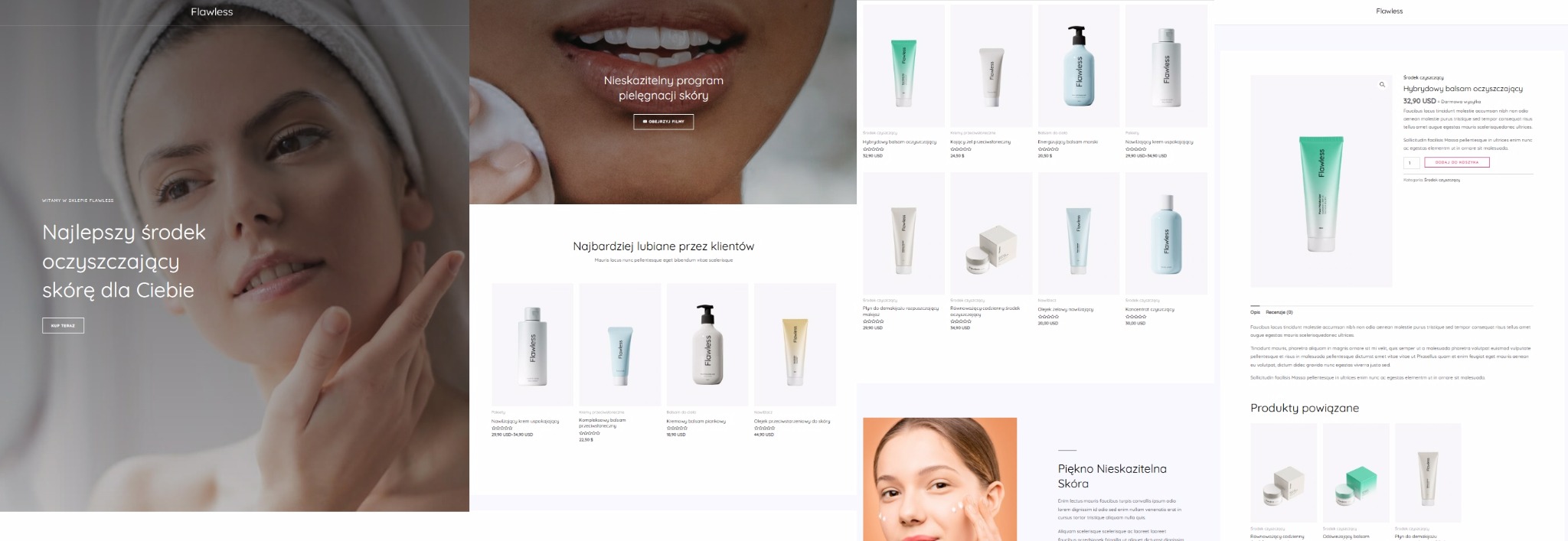 Strona internetowa marki kosmetycznej z ofertą produktów do pielęgnacji skóry, prezentująca modelkę i szczegóły oferty. Minimalistyczny design, jasna kolorystyka.