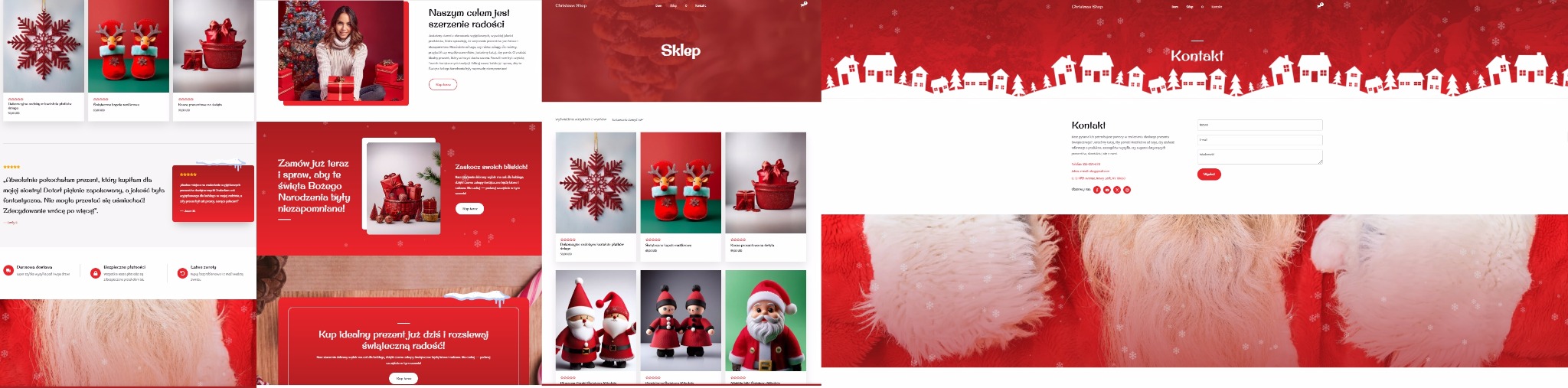 Fragment strony internetowej sklepu świątecznego z czerwonym motywem, prezentujący ofertę produktów i formularz kontaktowy. Widoczne elementy nawigacyjne i grafiki.