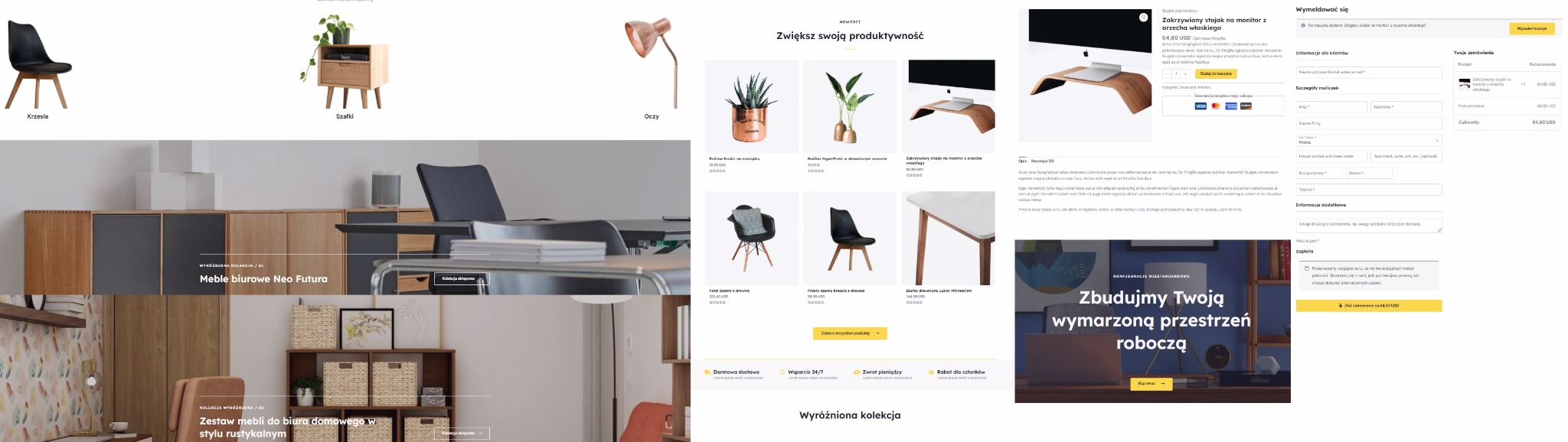 Zrzut ekranu strony WWW z ofertą mebli biurowych: krzesła, szafki, biurka, lampy i akcesoria. U góry formularz zamówienia online.