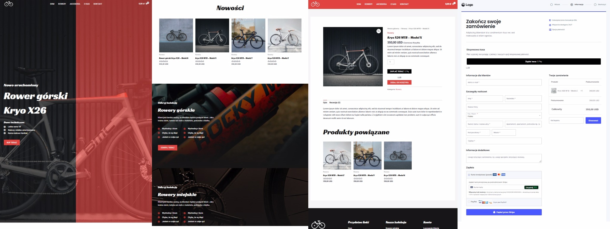 Zrzut ekranu strony internetowej z ofertą roweru górskiego Kryo X26, prezentacją produktów powiązanych i formularzem zamówienia.