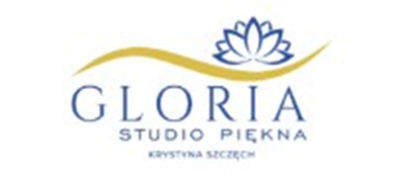 Eleganckie logo 'Gloria Studio Piękna' z motywem lotosu i złotą falą, sygnowane nazwiskiem Krystyna Szczęch. Stonowana kolorystyka, minimalistyczny design.
