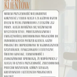 Grafika z tekstem opinii klienta o projektancie wnętrz Alicji, z oceną 5 gwiazdek. Tekst podkreśla profesjonalizm, wyczucie stylu i zaangażowanie.