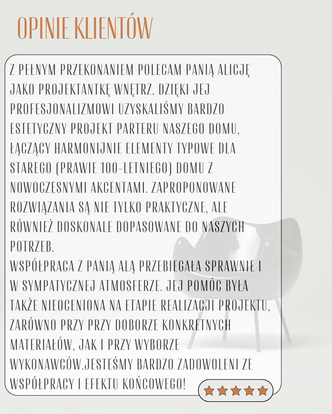 Opinia klienta o projektantce wnętrz Alicji, chwaląca estetyczny projekt parteru łączący elementy starego domu z nowoczesnymi akcentami, z oceną 5 gwiazdek.