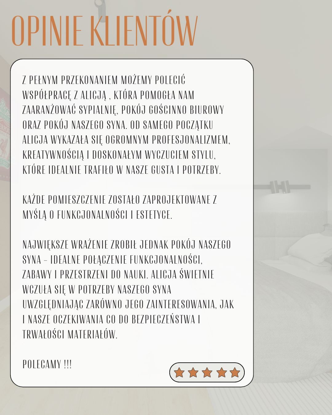 Opinia klienta o aranżacji wnętrz: sypialnia, pokój gościnny i pokój syna. Projekt uwzględniał funkcjonalność, estetykę i potrzeby dziecka. Polecamy!