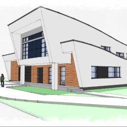 Recado - Szkic domu pokazowego z charakterystyczną bryłą i dużymi przeszkleniami, z osobą na podjeździe, ukazujący projekt architektoniczny.