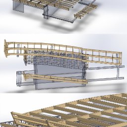 Recado - Model 3D konstrukcji drewnianej z elementami stalowymi, ukazujący szczegółowe połączenia i strukturę nośną, na białym tle.