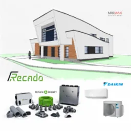 Wizualizacja domu z elementami instalacji wentylacyjnych i klimatyzacyjnych Recado i Daikin. Projekt architektoniczny Mikmak. Zestawienie produktów i budynku.