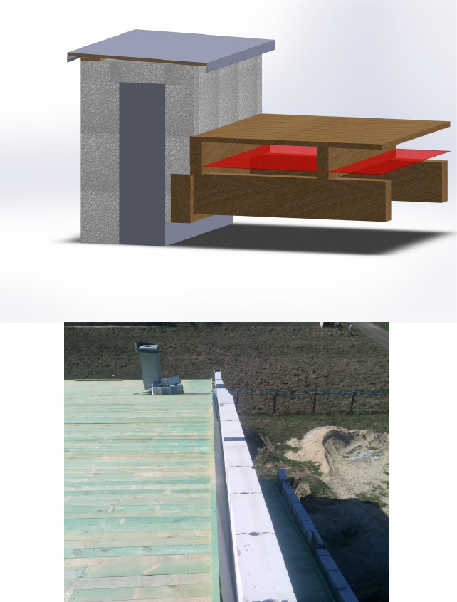 Wizualizacja 3D detalu konstrukcyjnego budynku z drewnianymi elementami oraz widok z góry na zielony dach z kominem i fragmentem ściany z białych bloczków.